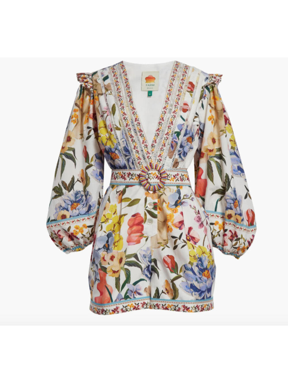 NEW, Farm Rio Greek Garden Plunge Neck Cotton Romper Sz M #MD0219